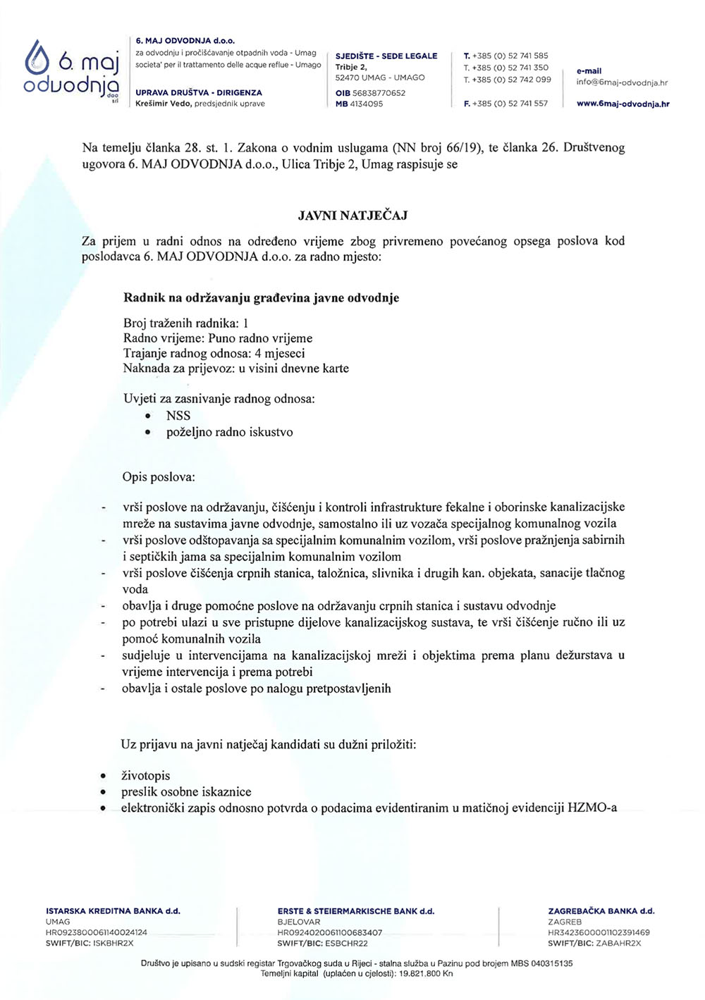 Javni natječaj - radnik na održavanju građevina javne odvodnje