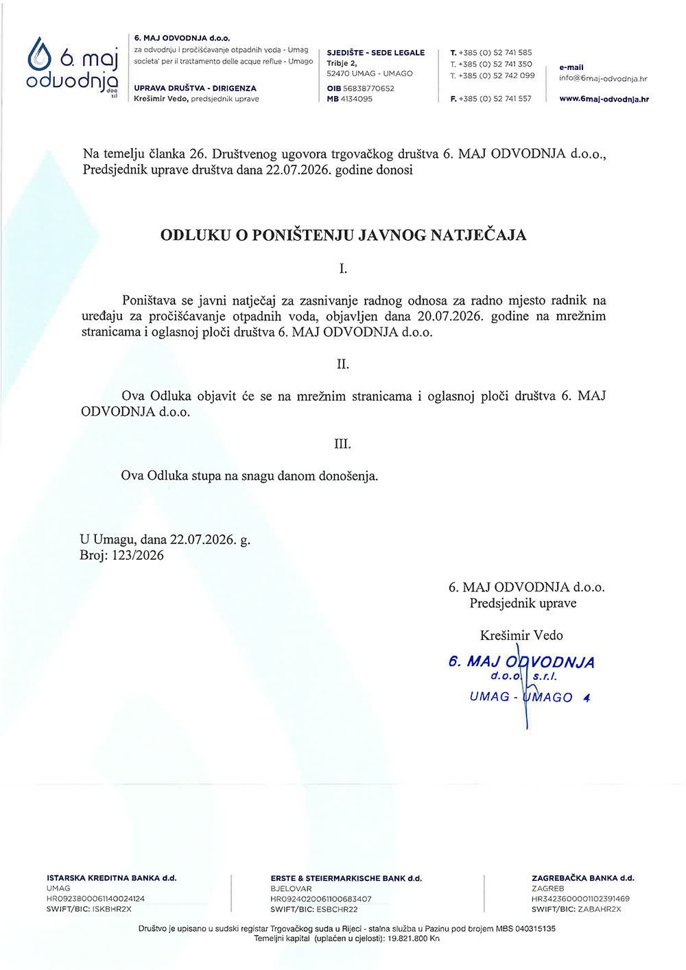 Odluka o ponistenju javnog natjecaja