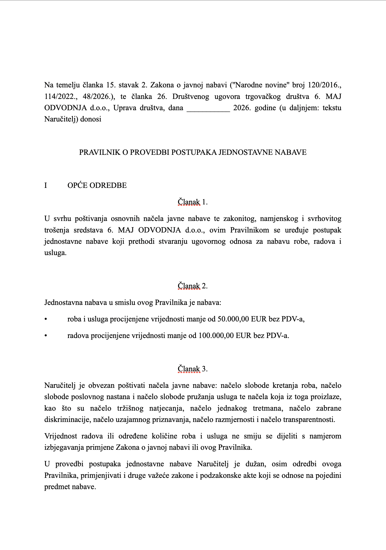 Prijedlog Pravilnika o provedbi postupaka jednostavne nabave