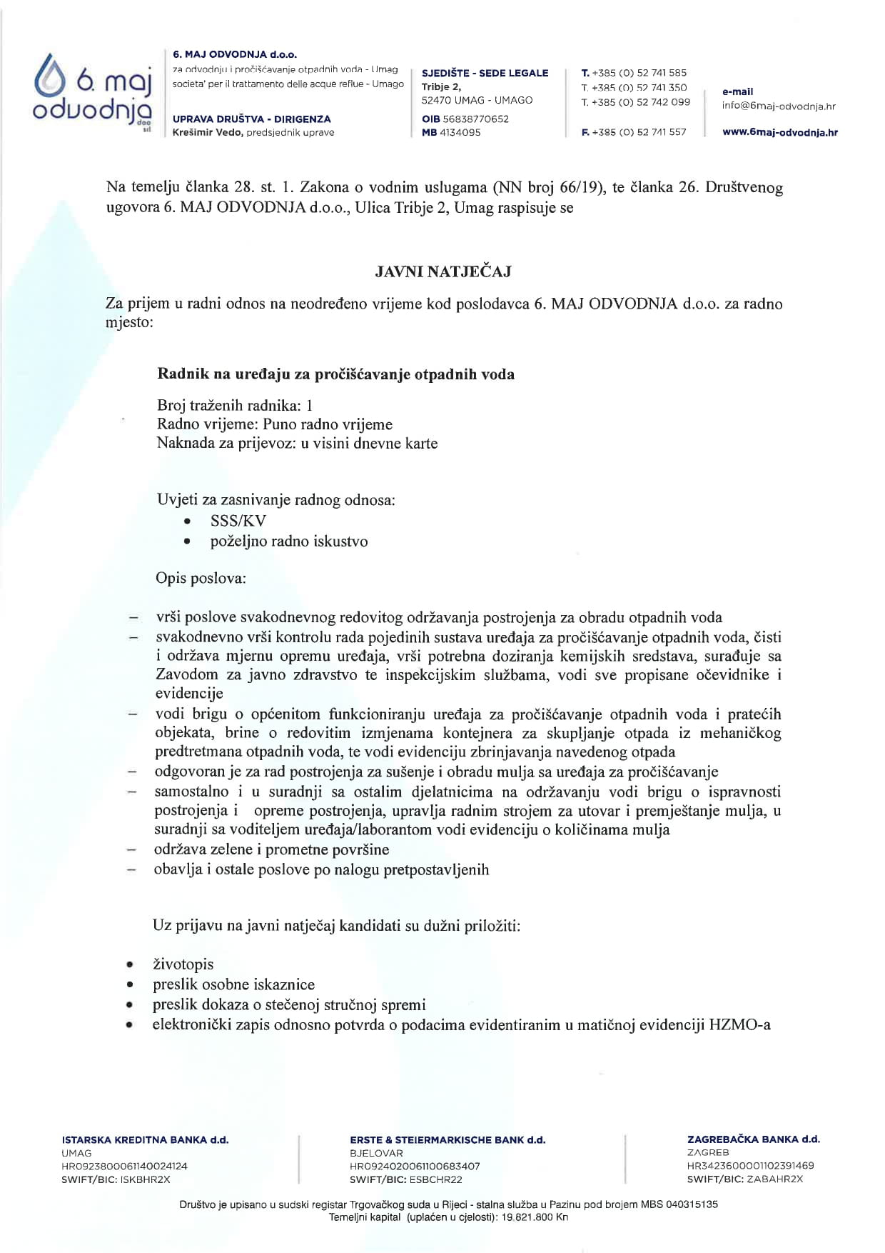 Javni natjecaj-radnik na uređaju za pročišćavanje otpadnih voda