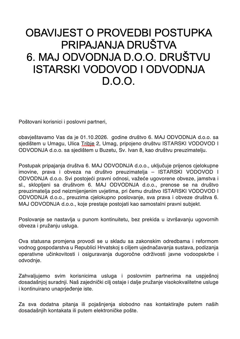 Obavijest o provedbi postupka pripajanja